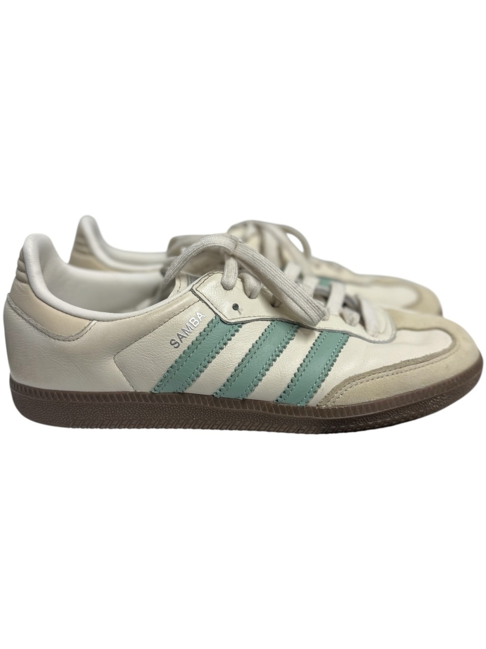 Adidas Samba OG Sneakers in White with Hazy Green Stripes Sz 8